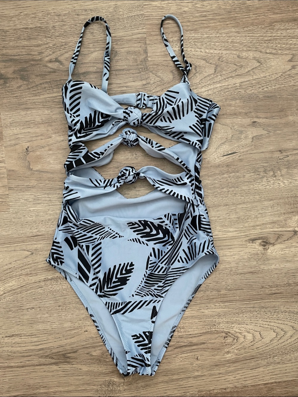 aerie One-Piece Swimsuit Blue with Black Leaf Print Cheeky Size XS